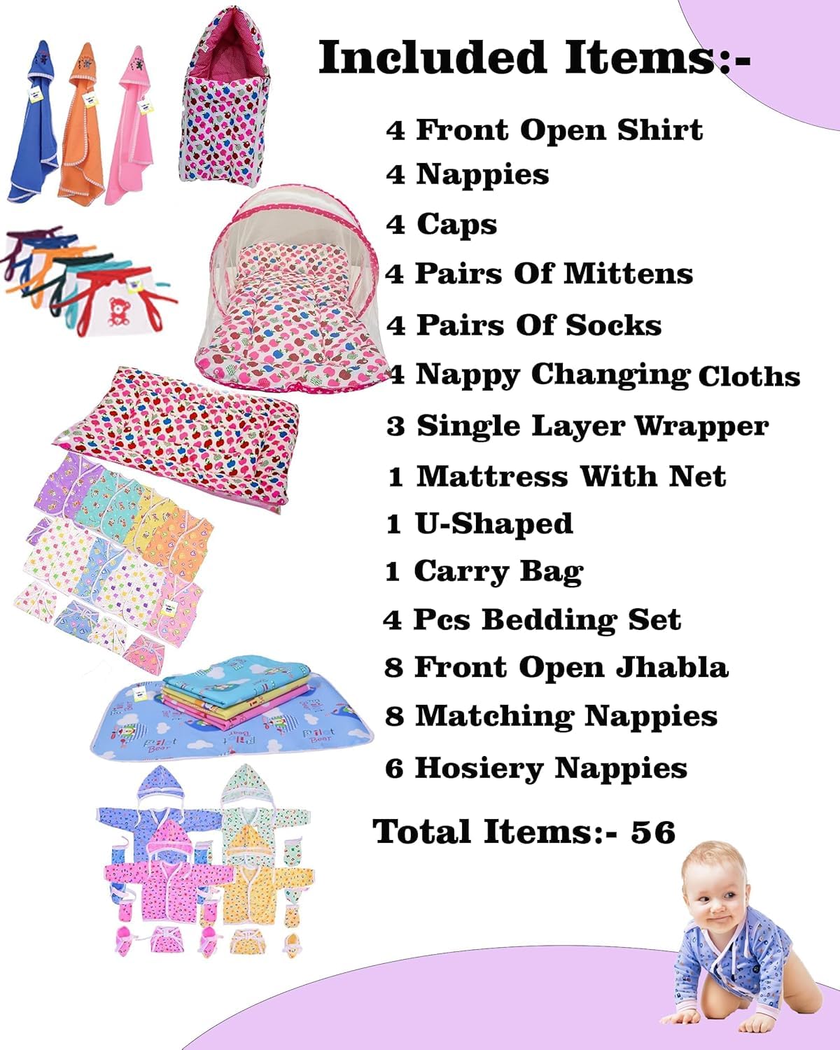 Toddylon New Born Baby Essentials Kit 56 Combo Set (0–6 Months) | Newborn Baby Hospital Bag Kit | Infant Combo Set for New Born | Newborns Baby Dress & Clothing Set | Infants Essentials Kit (Pink) 1