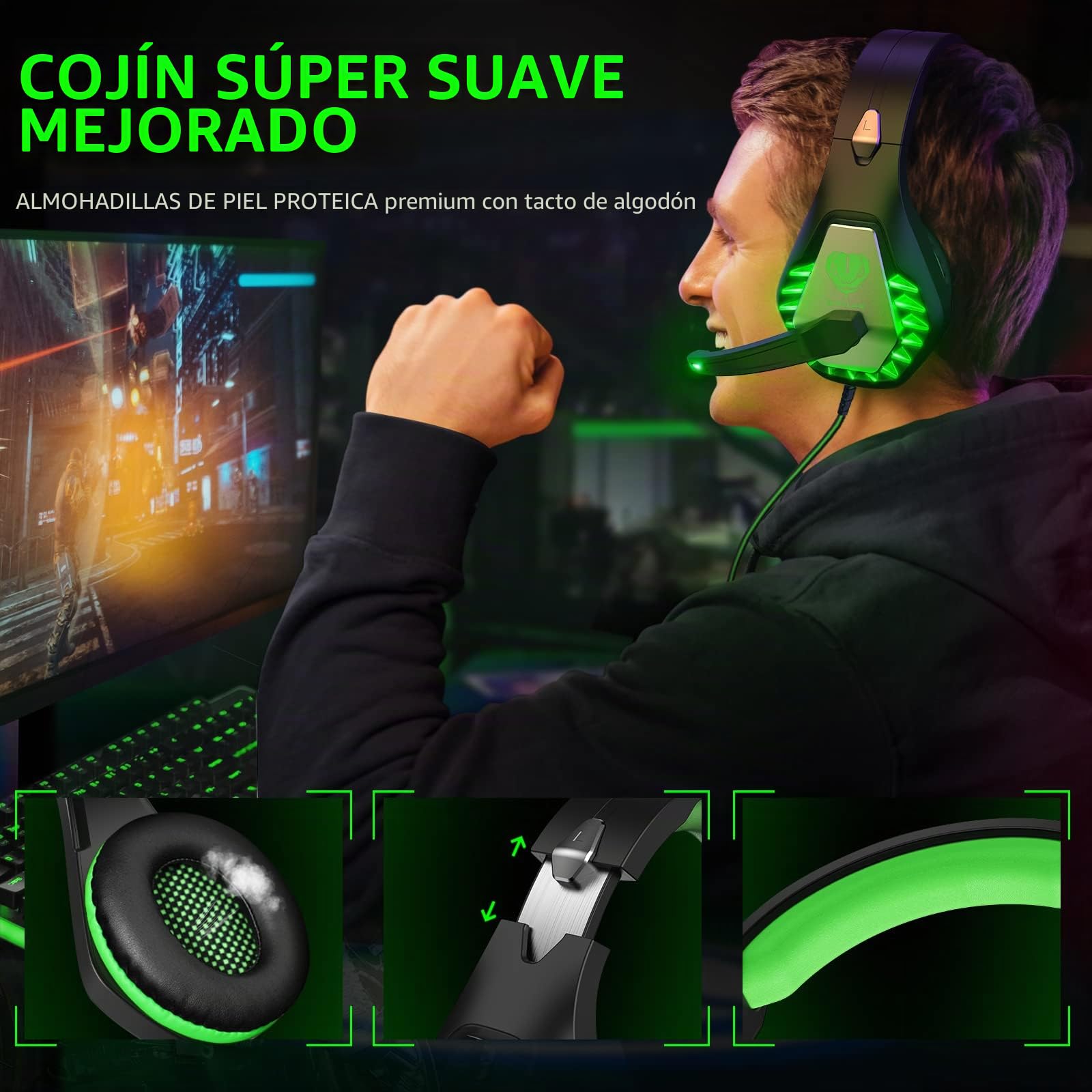 Pacrate Auriculares para Videojuegos 2023 - PS4 PS5 PC Xbox One, Xbox Series X - LED Clarity Sound con Micrófono de Cancelación de Ruido de 3,5 mm (Negro Verde)