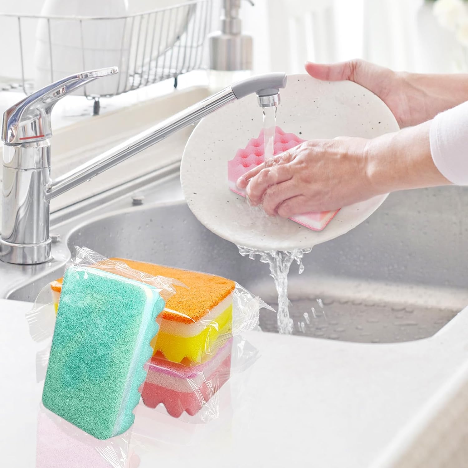 (50 Pack)Kheoxusa Individually Wrapped Sponges,Sponge Individually Wrapped,Individually Wrapped Sponge Bulk Packed Cleaning Dishes Kitchen Scrub Dish Non Scratch Scrubber Bulk Wave-Round(Color Random)