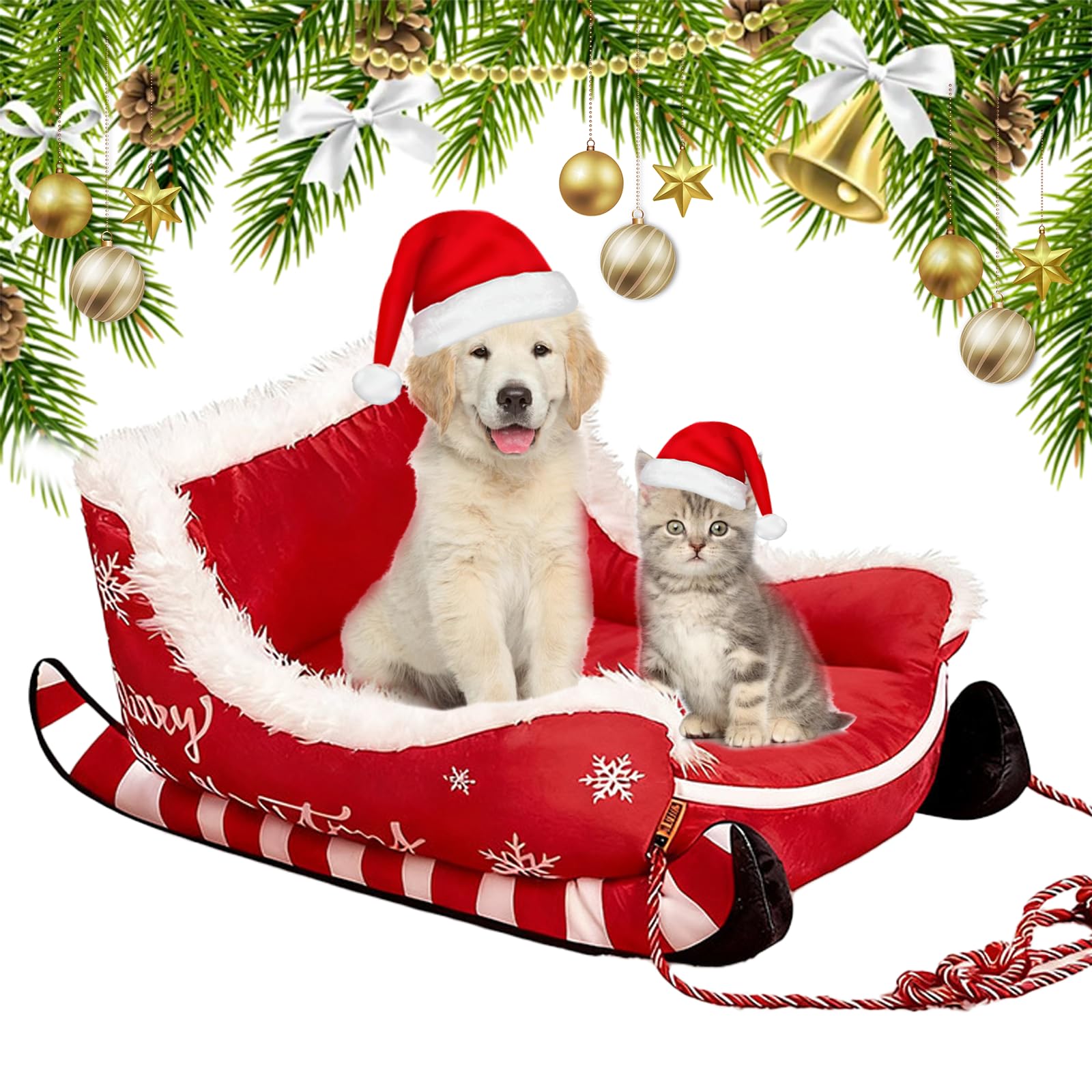 Qosneoun Christmas Sleigh Dog Bed, Interesting Red Christmas Cat Dog Bed, Festive Plush Cosy Cat Beds - Xmas Sleigh,Machine Washable, Non-Slip ＆ Comfortable (B, M(65 * 50 * 28cm))