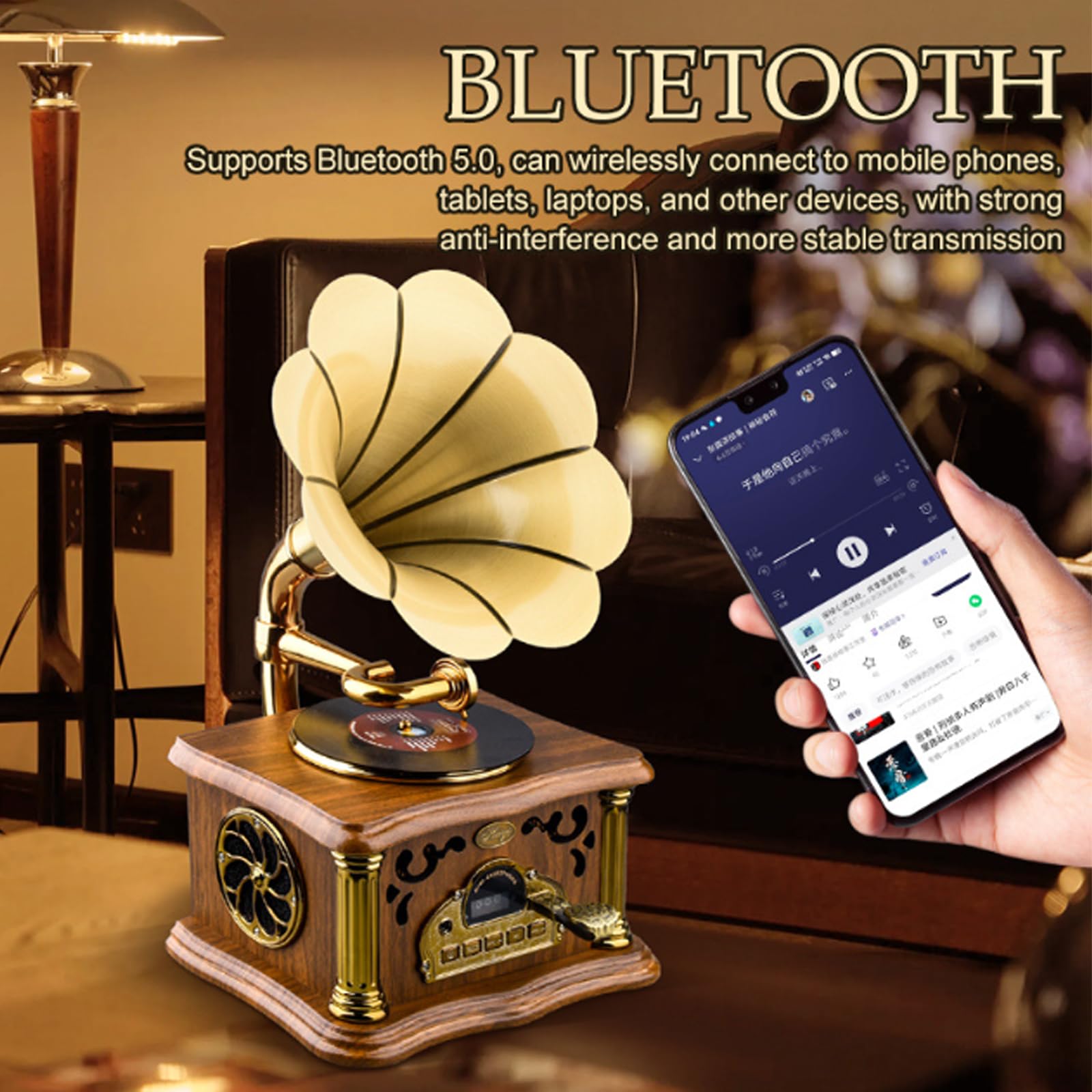 Głośnik I Odtwarzacz Muzyczny Bluetooth W Stylu Retro Z Radiem Fm, Kształt Gramofonu, Ozdoby Do Domu Wykonane Z Miedzi I Litego Drewna, Obsługuje Wejście Dysku U,Brown