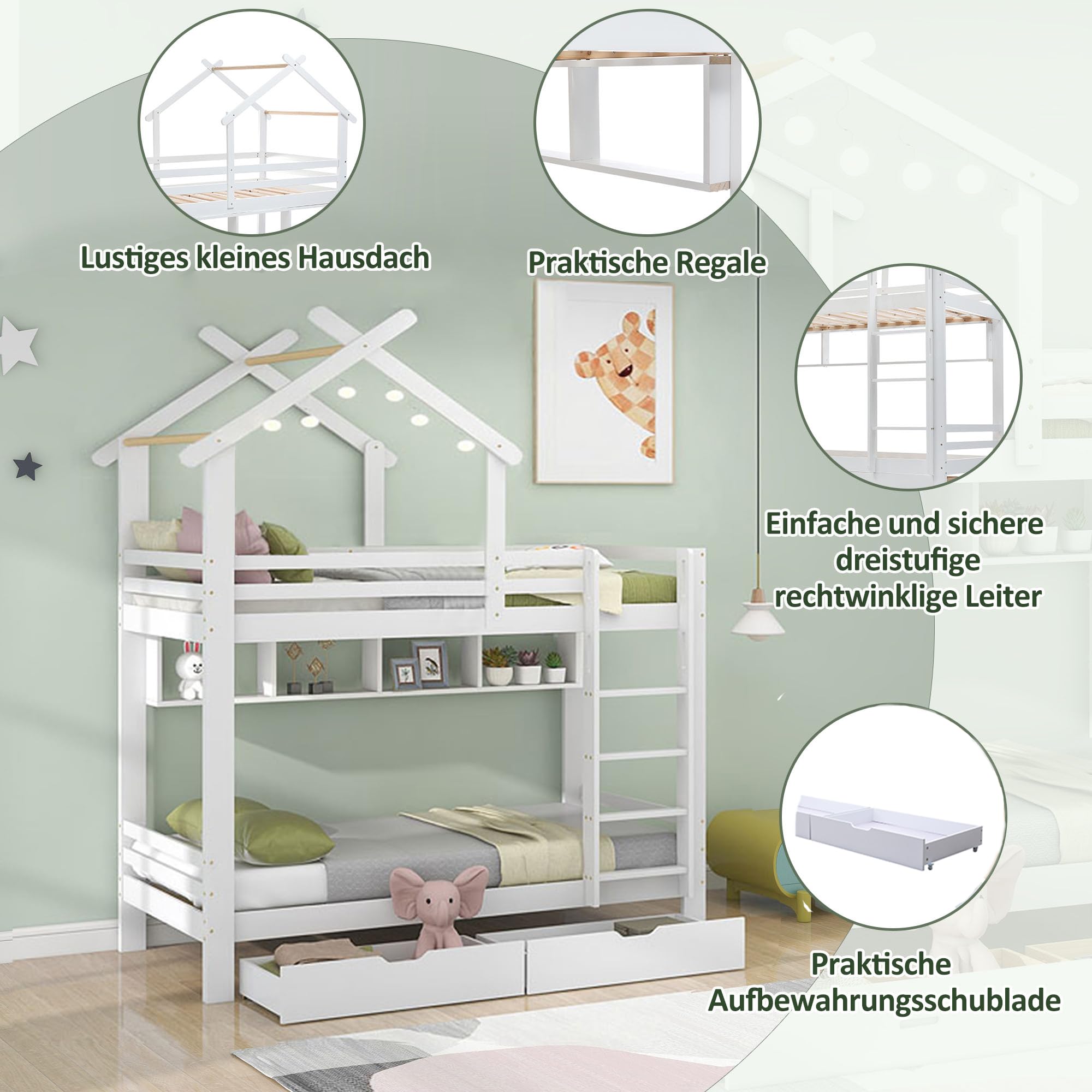 Cama Infantil, Litera Matrimonio 90x200, Litera para Niños con 2 Cajones y Estantes, Cama Altill con Escalera de Tres Peldaños y Tejado, Cama Altillo con Listones de Madera, Sin Colchón