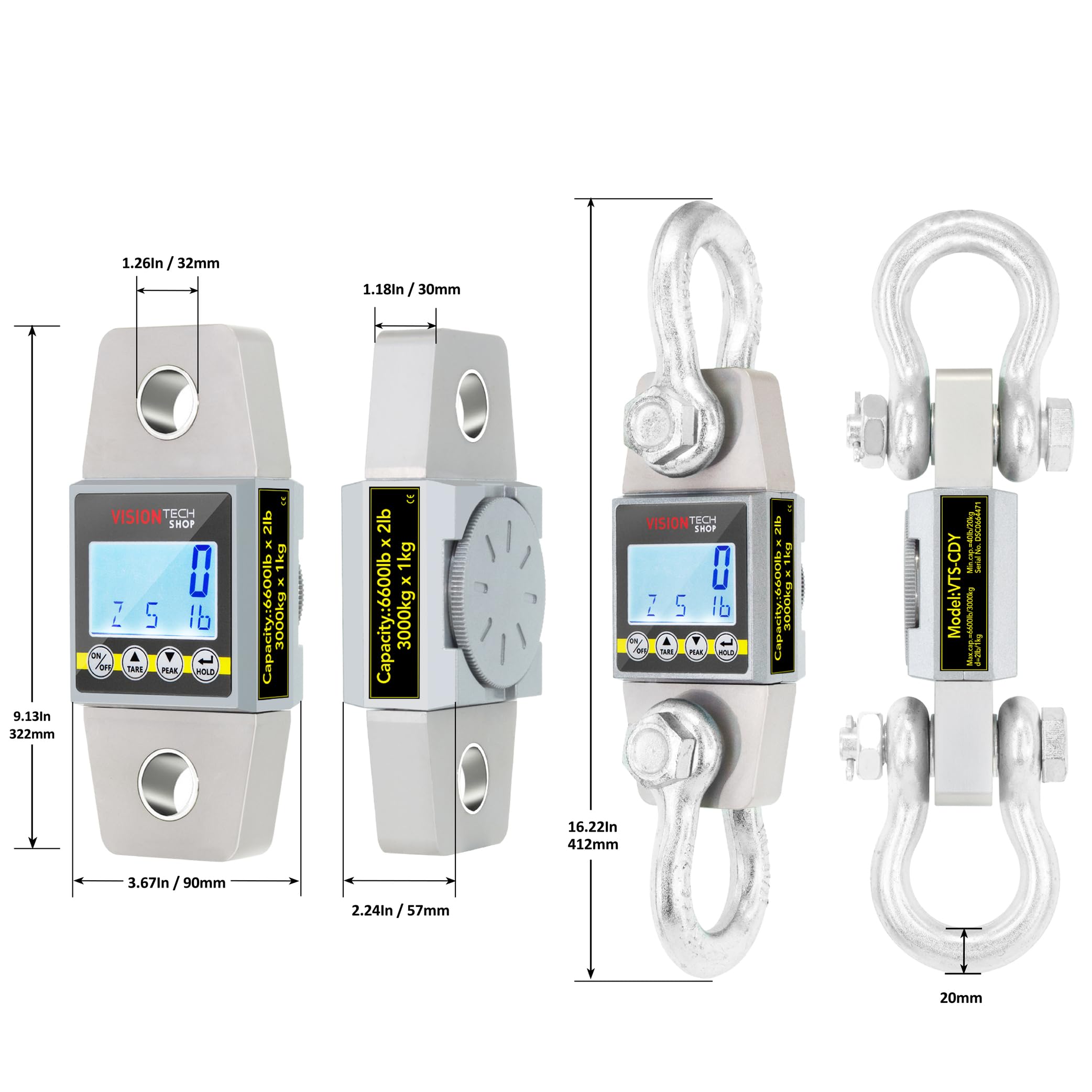 VisionTechShop VTS-CDY - Bilancia per gru, dinamometro per forza, tensione e peso, commutabile fino a 3000 kg Lb/kg, resistente e compatta, display LCD con retroilluminazione, 2 grilli