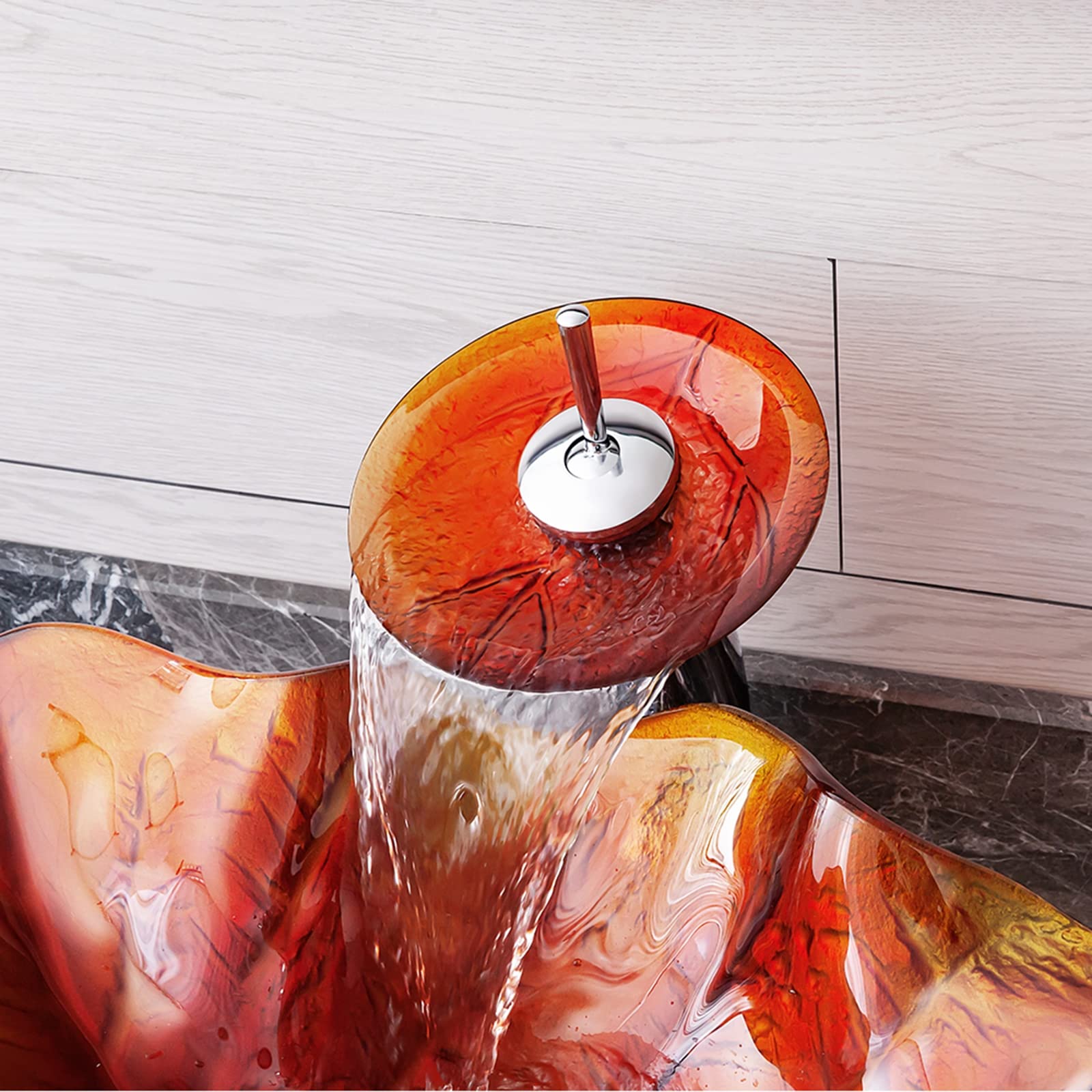Waschbecken Aus Gehärtetem Glas In Blattform – Mit Wasserfall-Wasserhahn Aus Messing, Ablauf, 590x380x155 Mm, Rot