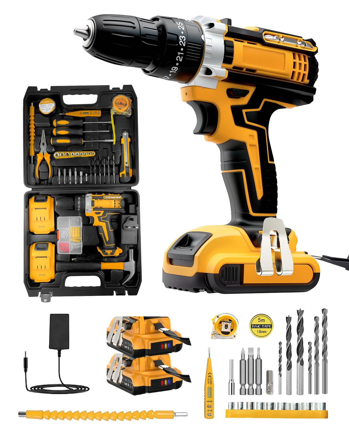 Cordless Drill Set 21V, 99Pcs Electric Screwdriver Set With 2 Batteries 2000Mah, 25+3 Torque Cordless Hammer Drill, 42N.m Max Electric Drill, 2 Speed, 6977077212695