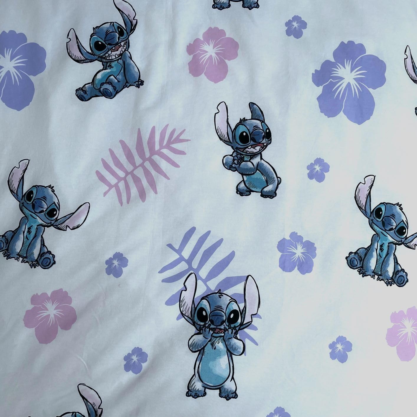 Biancheria da letto Disney Lilo e Stitch con fiori, foglie, viola, Hawaii, piumone 140 x 200 + cuscino 70 x 90 cm 100% cotone