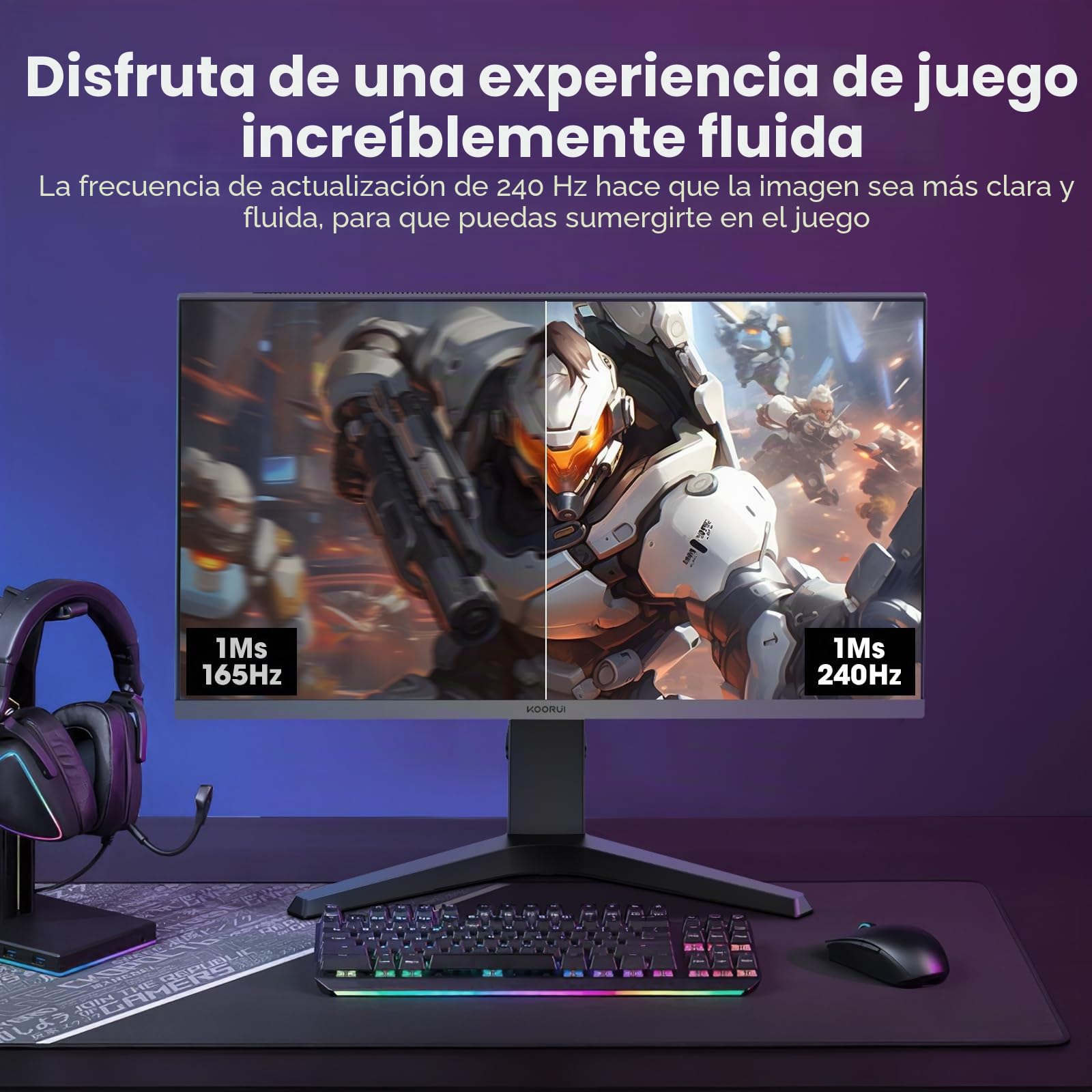 KOORUI Gaming Monitor 27 Pulgadas - Pantalla WQHD PC, 240Hz, 1ms, Adaptive Sync, Compatibilidad Gsync, (2560x1440, HDMI, DisplayPort, HDR 400) Negro/Rojo