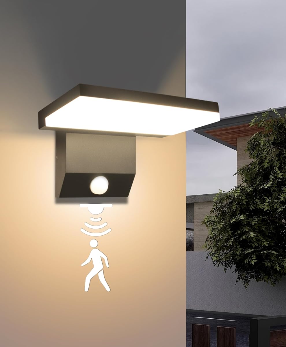 Motion Sensor Outdoor Wall Light IP65 18W 1980LM 180°Foldable | Aluminum Modern Exterior Porch Light for Outside Garage Entry Patio Black| 3000K| No Flicker| 50000+ hour lifespan
