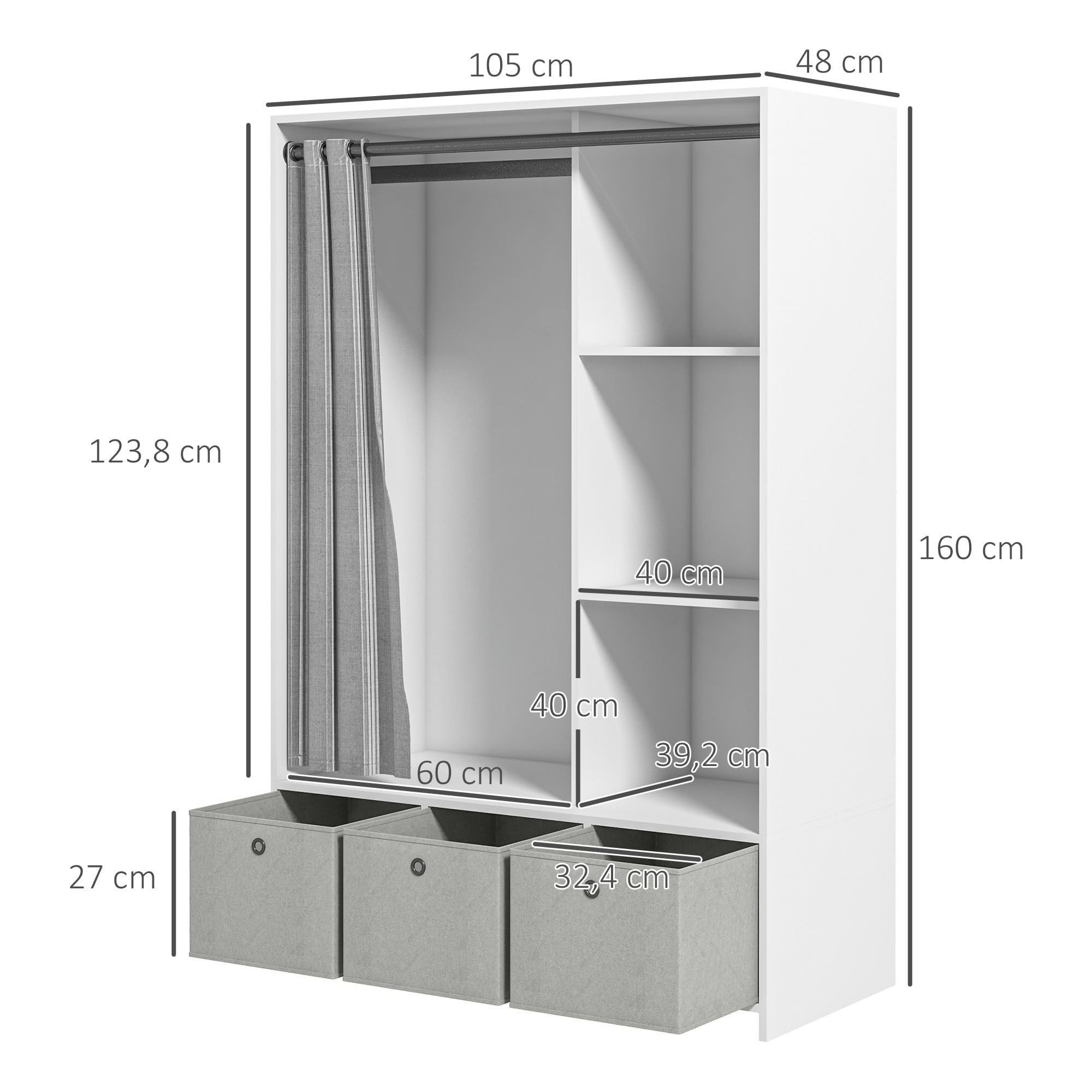 HOMCOM Armoire penderie, Dressing avec Rideau, Armoire Chambre vêtement, Garde-Robe avec Tringle, 3 Compartiments et 3 tiroirs en Tissu Amovibles - 105 x 48 x 160 cm, Blanc