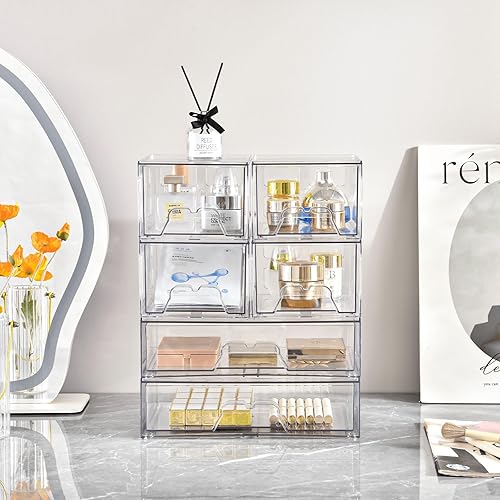 Miniatura 8 de Juego de 6 cajones organizadores de maquillaje apilables, organizadores de plástico transparente para suministros de belleza, ideal para tocador,