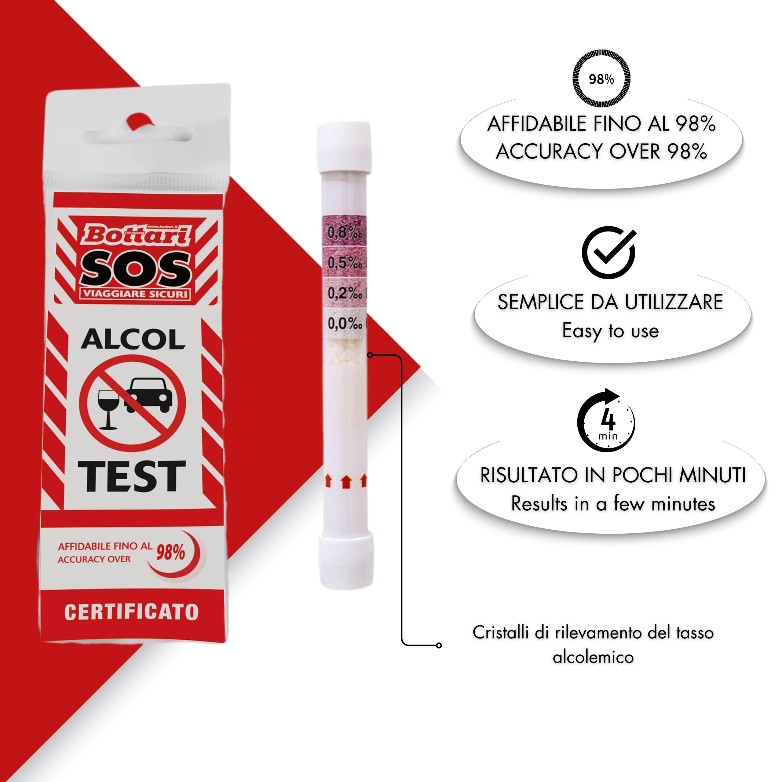 Bottari S.O.S - Test d'alcool jetable certifié UE 0,2 g/L, éthylotest jetable Portable, 4 Niveaux de détection, résultat Rapide, Lot de 30 pièces