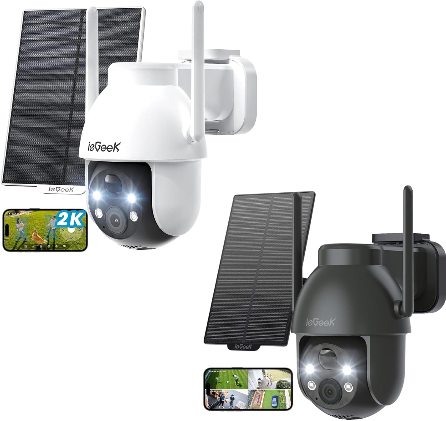 ieGeek Security Cameras Wireless Outdoor, 2K Solar WiFi Camera for Home Security System, Battery Powered Surveillance Cam with Solar Panel, 360° PTZ Color Night Vision, Motion Sensor, Works with Alexa