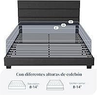 Vista 7 de Allewie Base de cama de plataforma de tamaño completo con cabecera tapizada de tela y soporte de listones de madera, base de colchón totalmente Gris