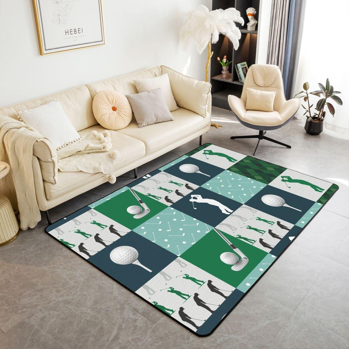 Erosebridal Golf Area Rug 5x7 Geometric Patchwork Plaid Living Room Rug Non Slip Modern Ball Sports Gaming Carpet for Bedroom Kitchen Green Grids Indoor Floor Mat Non Slip