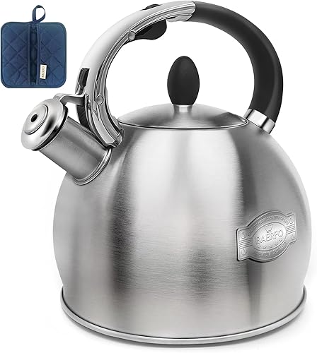 Hervidor de té de acero inoxidable, tetera de té, tetera silbante vintage para estufa, duradera y resistente a la oxidación, con un soporte para