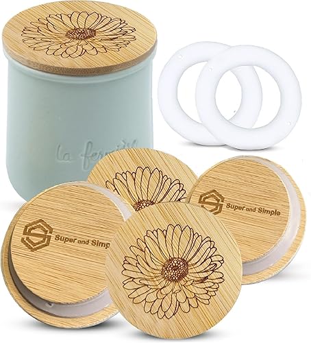 Tapas de Bambú para Frascos de Yogur La Fermiere  Paquete de 4 Diseño de Flores Aster  Tapas de Bambú con Grabado Floral para Frascos de Cerámica de