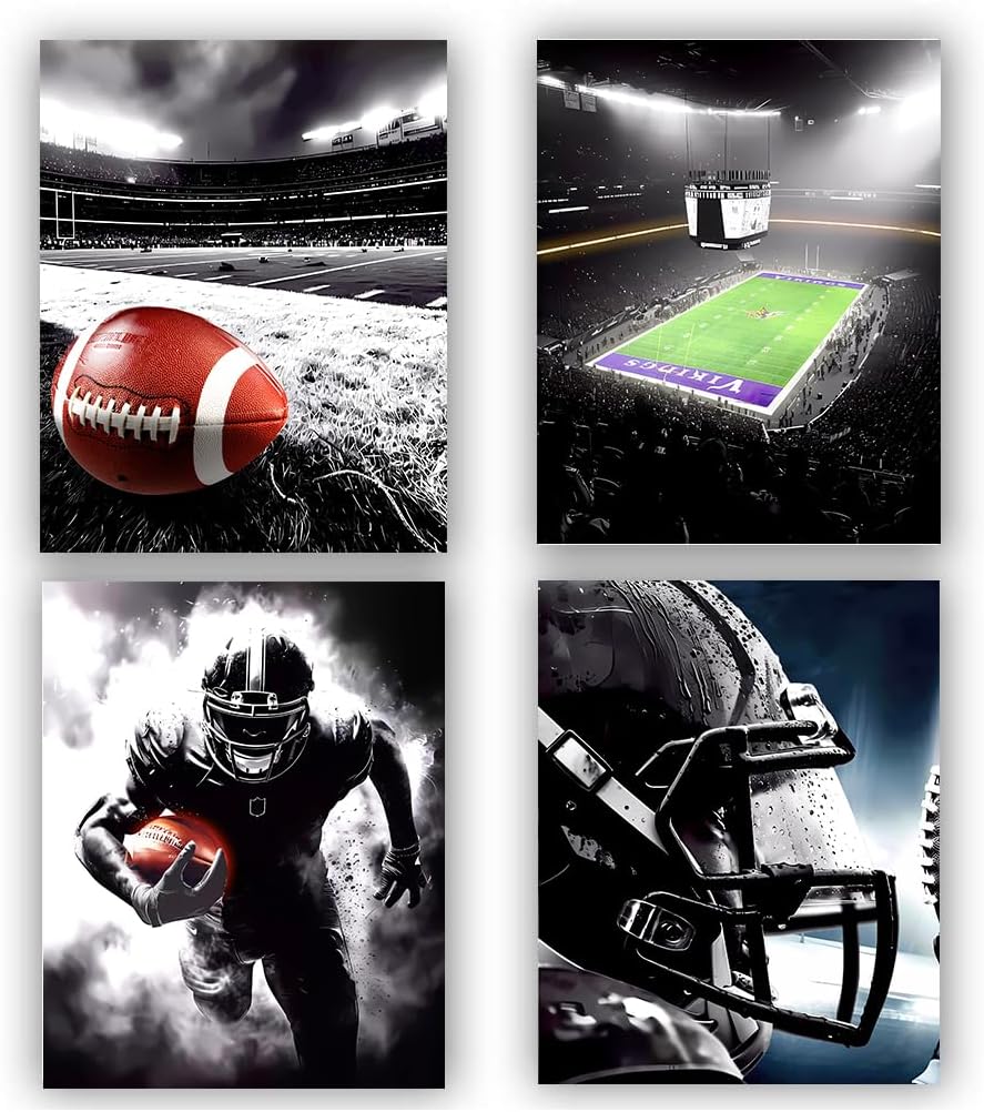 Framed American Football Sport Canvas Wall Art,American Football Prints, Set of 4 (8"X10") Rugby Art Poster, Black White Gym Artwork Prints for Bedroom Man Cave Boy's Bedroom Decor