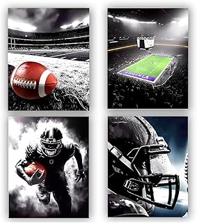 American Football Sport Canvas Wall Art,American Football Art Prints, Rugby Art Poster, Black White Gym Artwork Prints for Bedroom Man Cave Boy's Bedroom Decor,Set of 4 (8