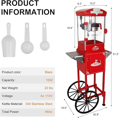 Miniatura 9 de Máquina de palomitas de maíz de 10 onzas con carrito, ruedas y hervidor de acero inoxidable, 110 V/480 W, estilo vintage, máquina para hacer Rojo
