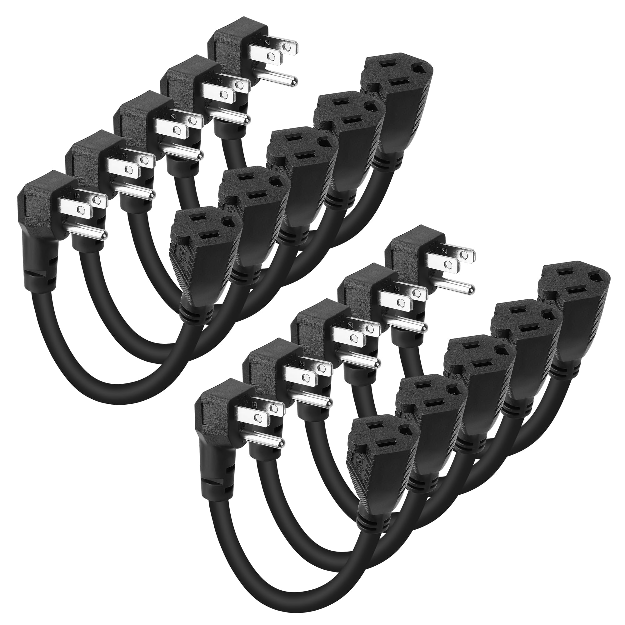 8 Inch Short Power Extension Cord 10Pack,90-Degree Low Profile Flat Plug 3-Prong Male to Female Heavy Duty Grounded Power Extension Cable Outlet Saver Socket Adapter, ETL Listed, 16AWG, SJTW 13A 1625W