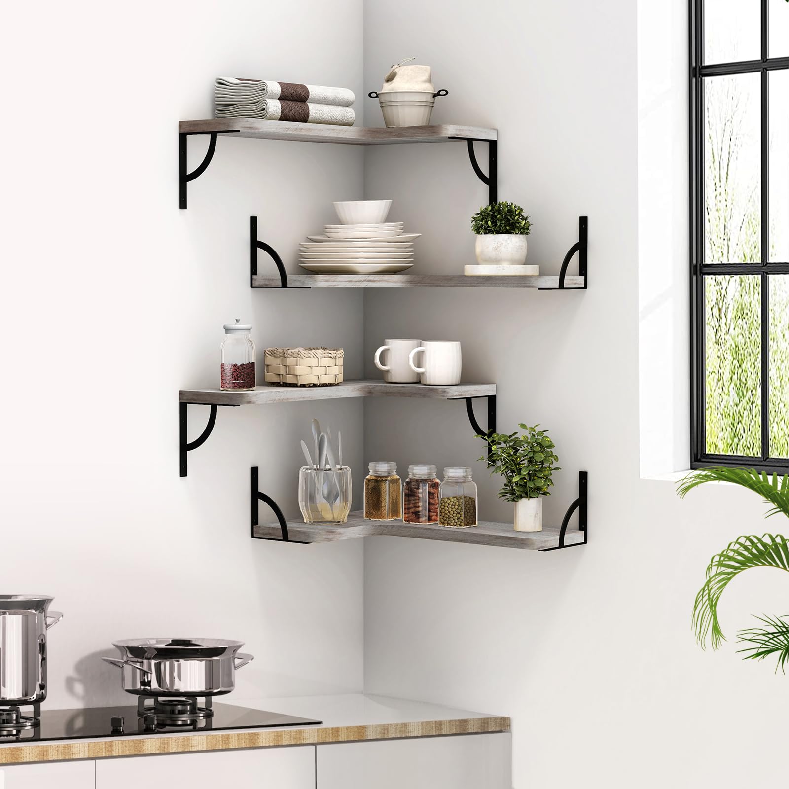 Canupdog Corner Floating Shelf Wall Mount 4 Tier Wood Floating Shelves, Easy-to-Assemble Tiered Wall Storage, Wall Organizer for Bedrooms, Bathrooms, Kitchens, Offices (Rustic White)