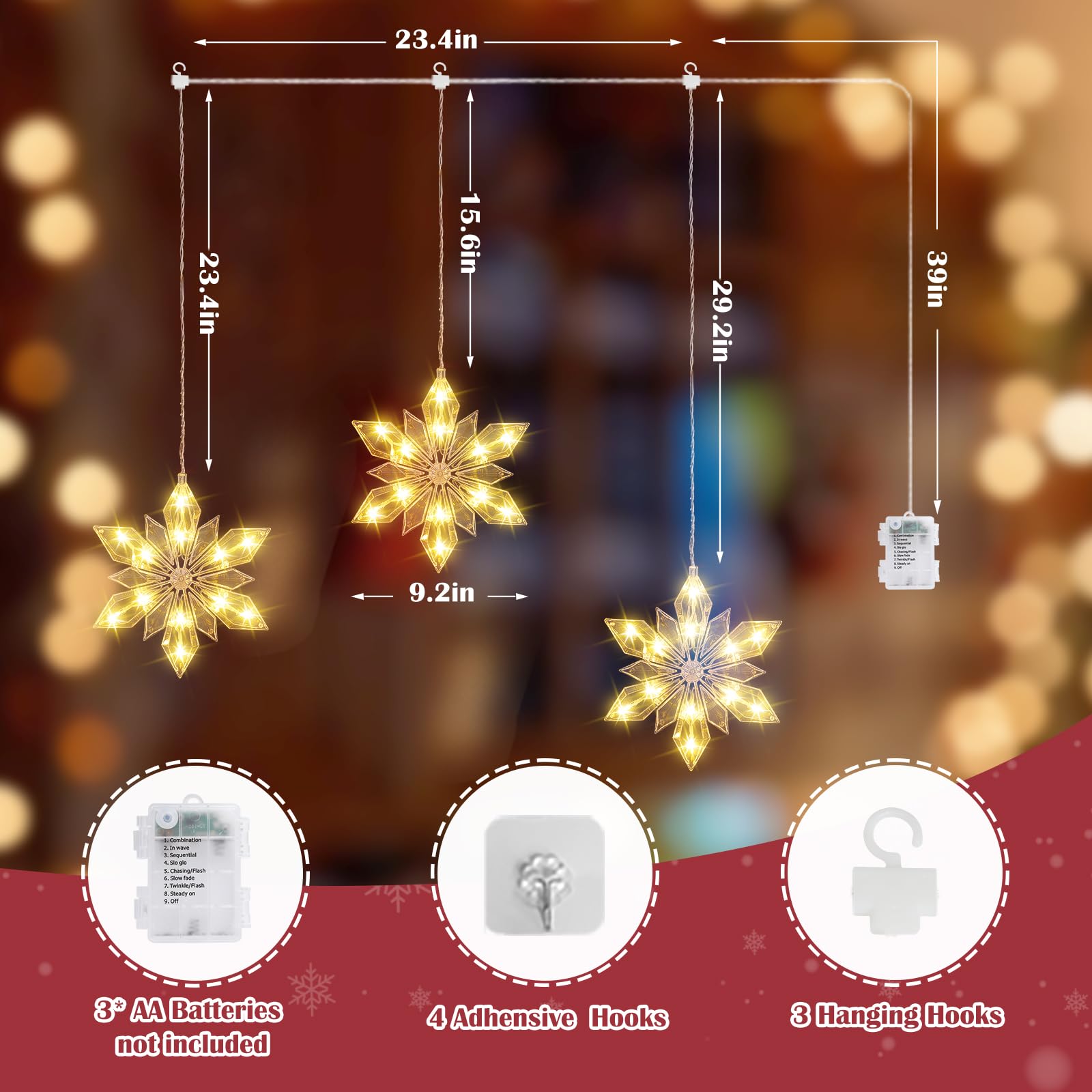 Quntis Luci natalizie da 86,4 cm, a batteria, confezione da 3 luci a 36 LED a forma di fiocco di neve, con timer di memoria, 8 modalità scintillanti, decorazione natalizia per interni e invernali