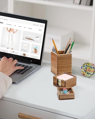 Miniatura 6 de Juego de organizador de escritorio de madera de acacia con soporte para notas adhesivas, vaso para lápices y clip de almacenamiento, accesorios de
