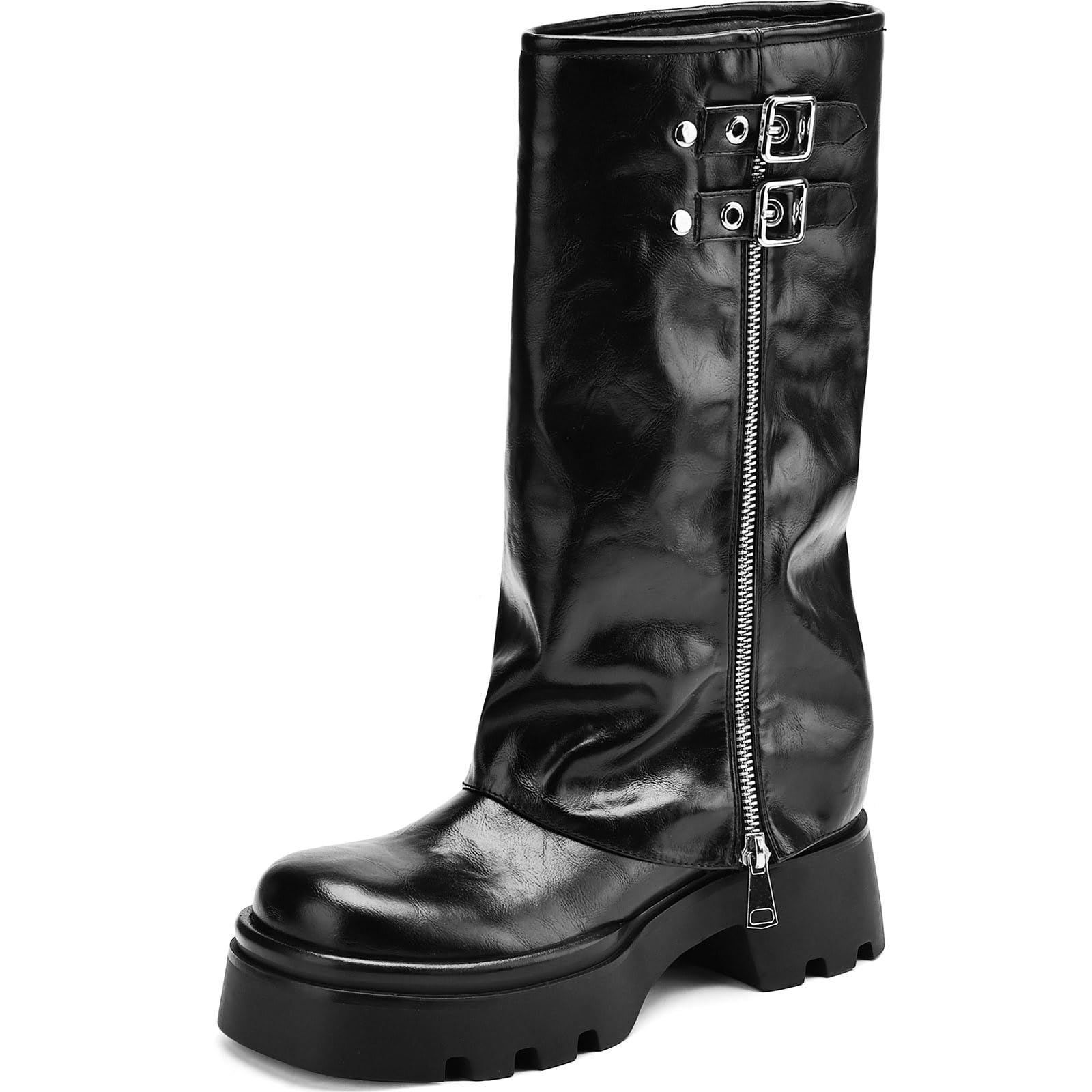 TEAIEUI Knee High Boots Women Chunky Platform Moto Riding Boots Slouchy Fold Over Wide Calf Motorcycle Biker Boots for Women with Fashion Buckle