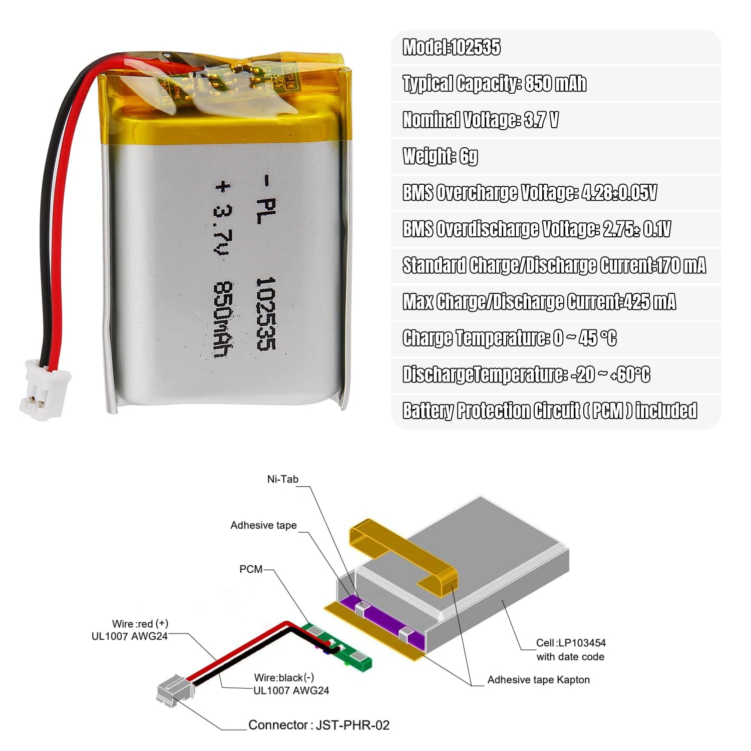 3.7V Lipo battery, 3.7V 850mAh 102535 Lithium polymer ions with 2P-PH connection with 2.0 mm Grid dimension — view 6