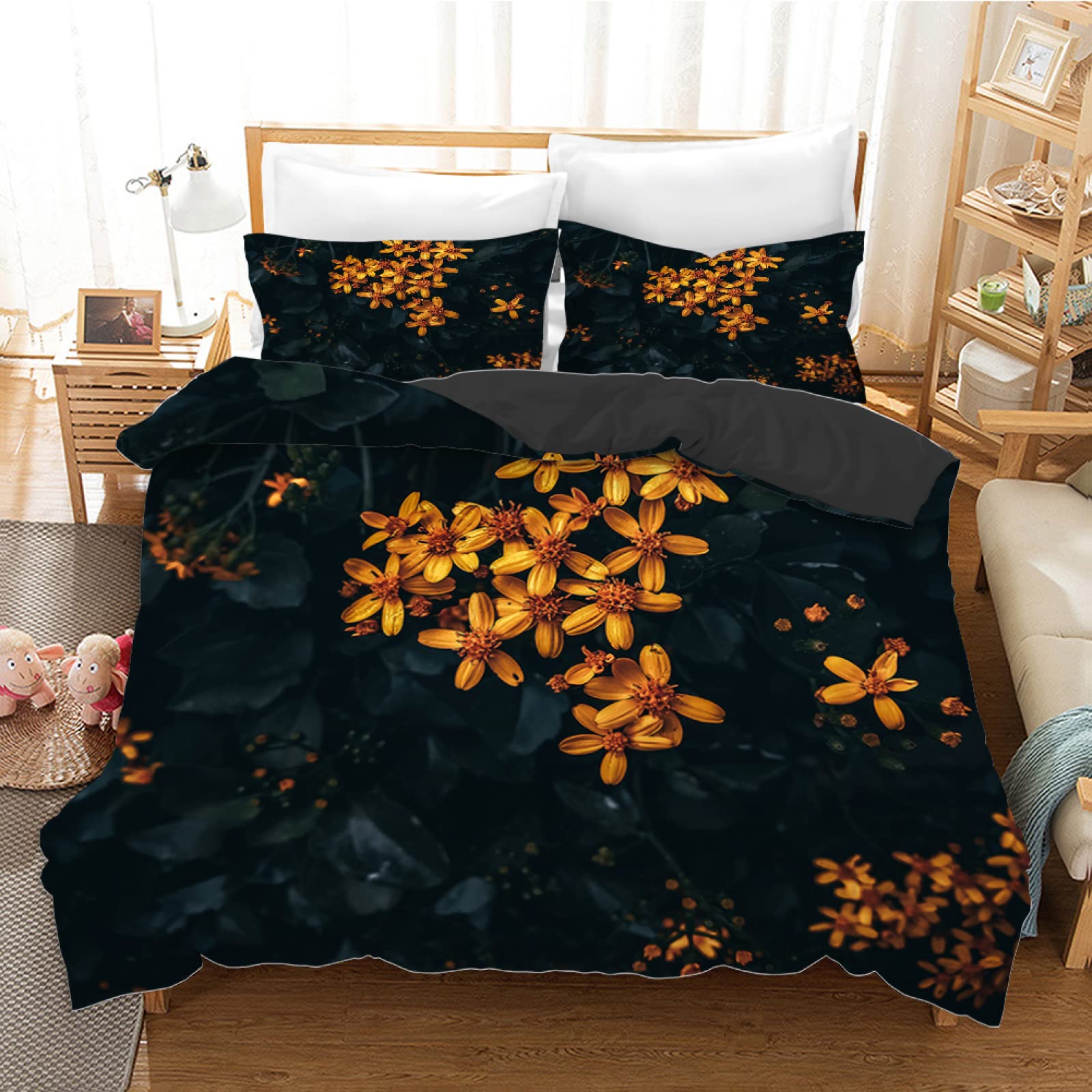 Housse de couette 160x200 Osmanthus noir en microfibre avec 2 taies d'oreiller