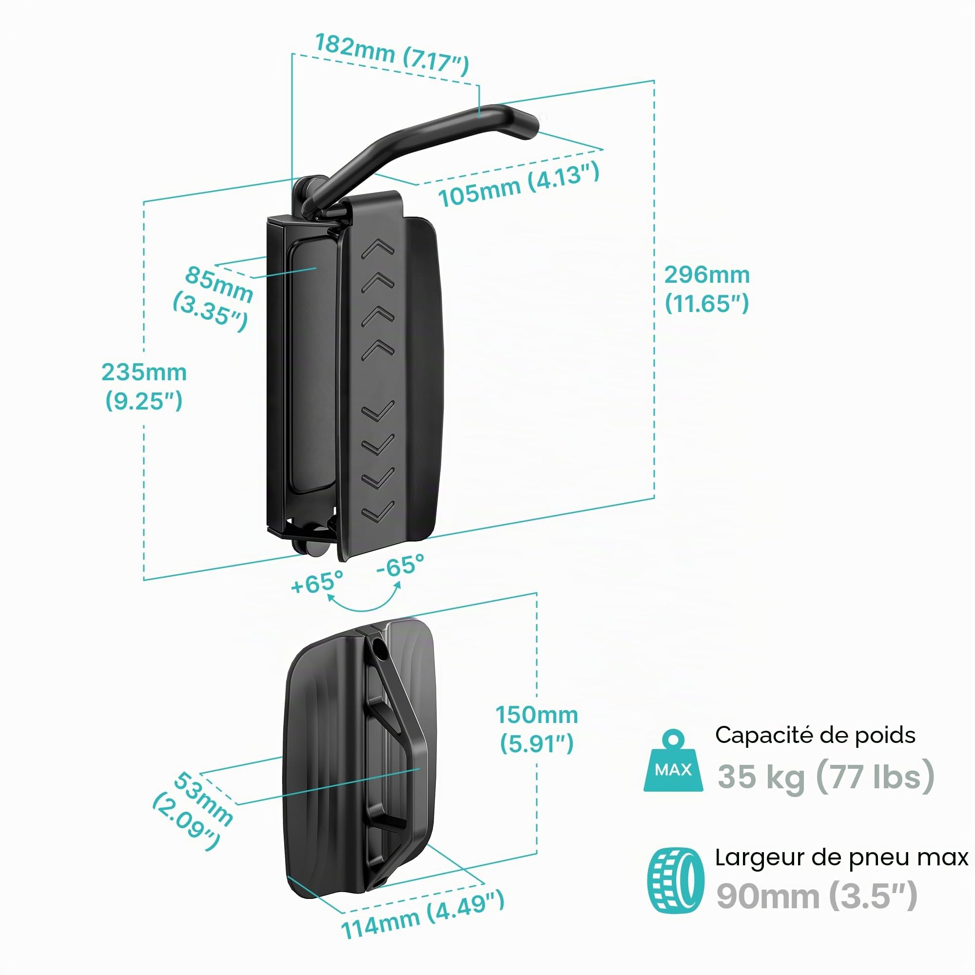 PEGZONE Support Mural Vélo Pivotant, 35 kg, 4 Pièce | Support Mural Vélo Réglable pour Garage, Gain de Place, Support Robuste, Noir
