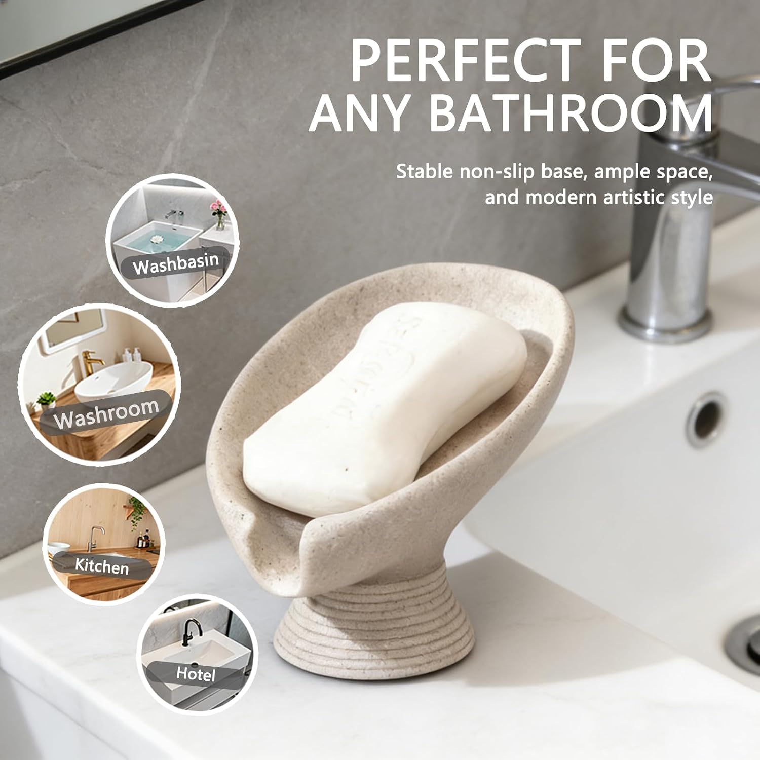 Self Draining Soap Dish with Suction Cup, Leaf Shaped Resin Soap Holder for Bathroom, Shower, Sink & Kitchen (Beige)