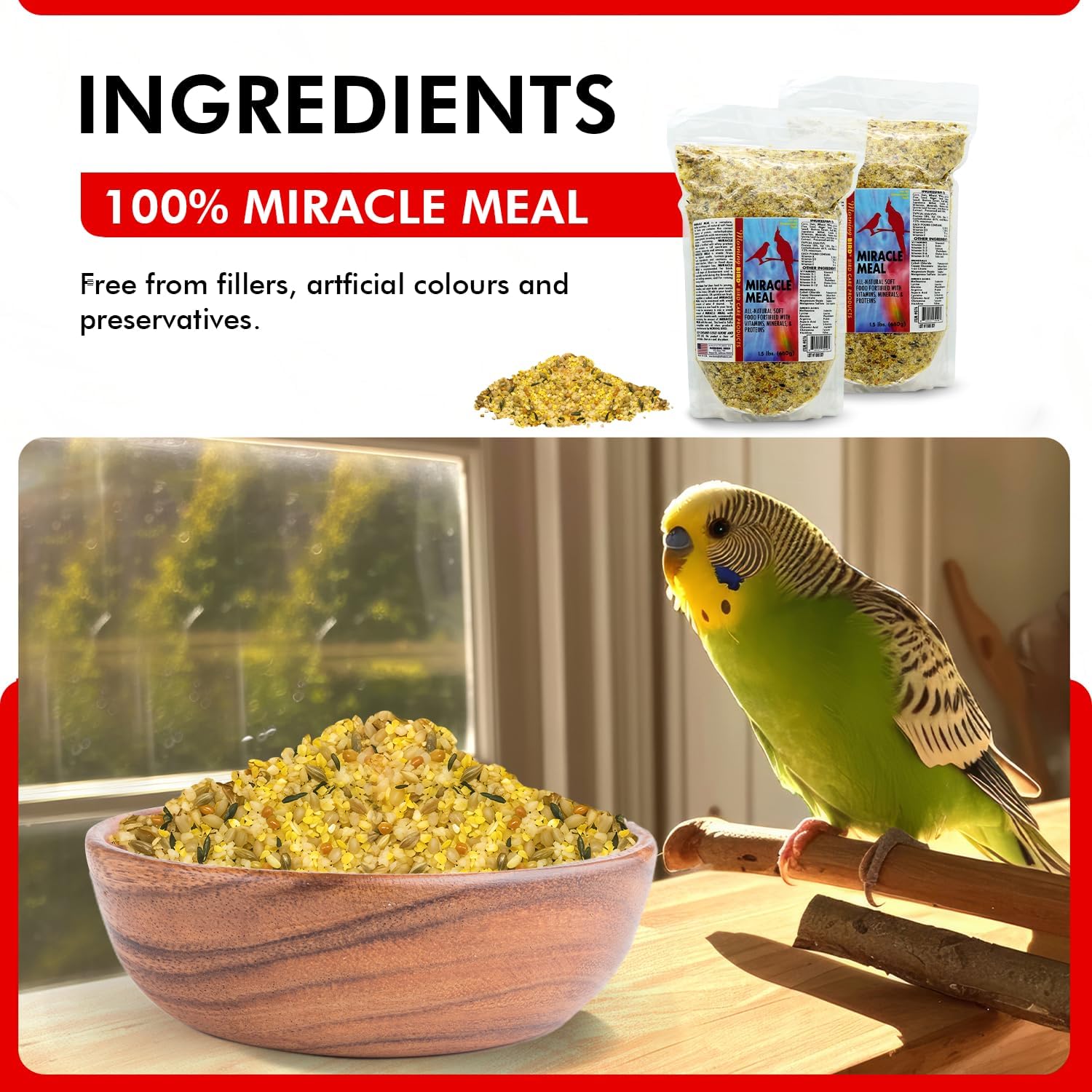 Morning Bird Miracle Meal 3 lbs (2-Pack, 1.5 lbs Each) – Vitamin Fortified Soft Bird Food for Birds - All-Natural No Artificial Dyes, Flavors or preservatives - Supports Feather Strength & Breeding