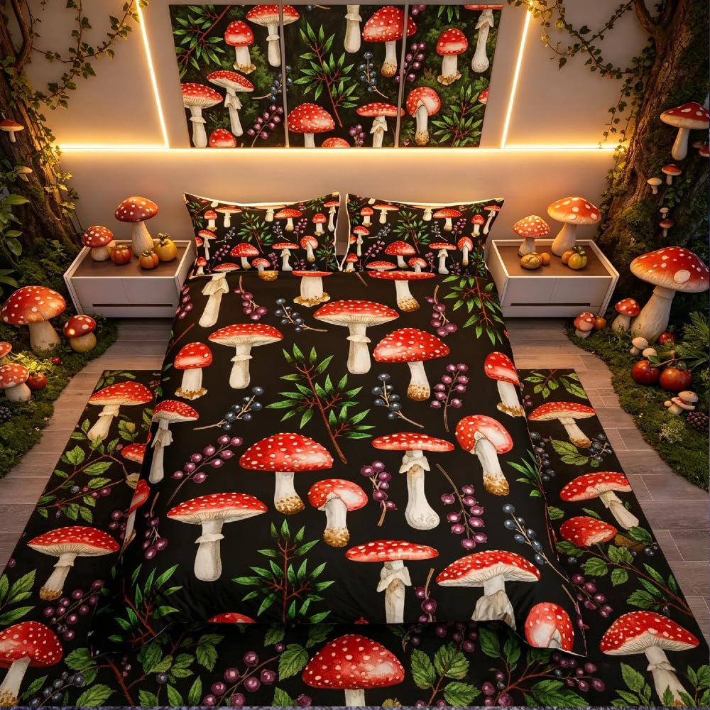 Homemissing Boys Multicolored 19217 Cute Mushroom Duvet Cover Cartoon Mushrooms Bedding Set Kawaii Fungus King Comforter Cover For Girls Children Teens Bedroom Decor Wild Stuff Fruit Bedspread Cover Zipper