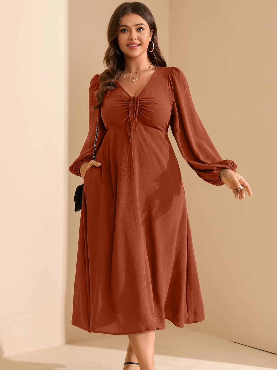 RWJ Fall Wedding Guest Dresses for Women Plus Size V Neck Long Sleeve Tie Front Cocktail Maxi Dress with Pockets - Image 6