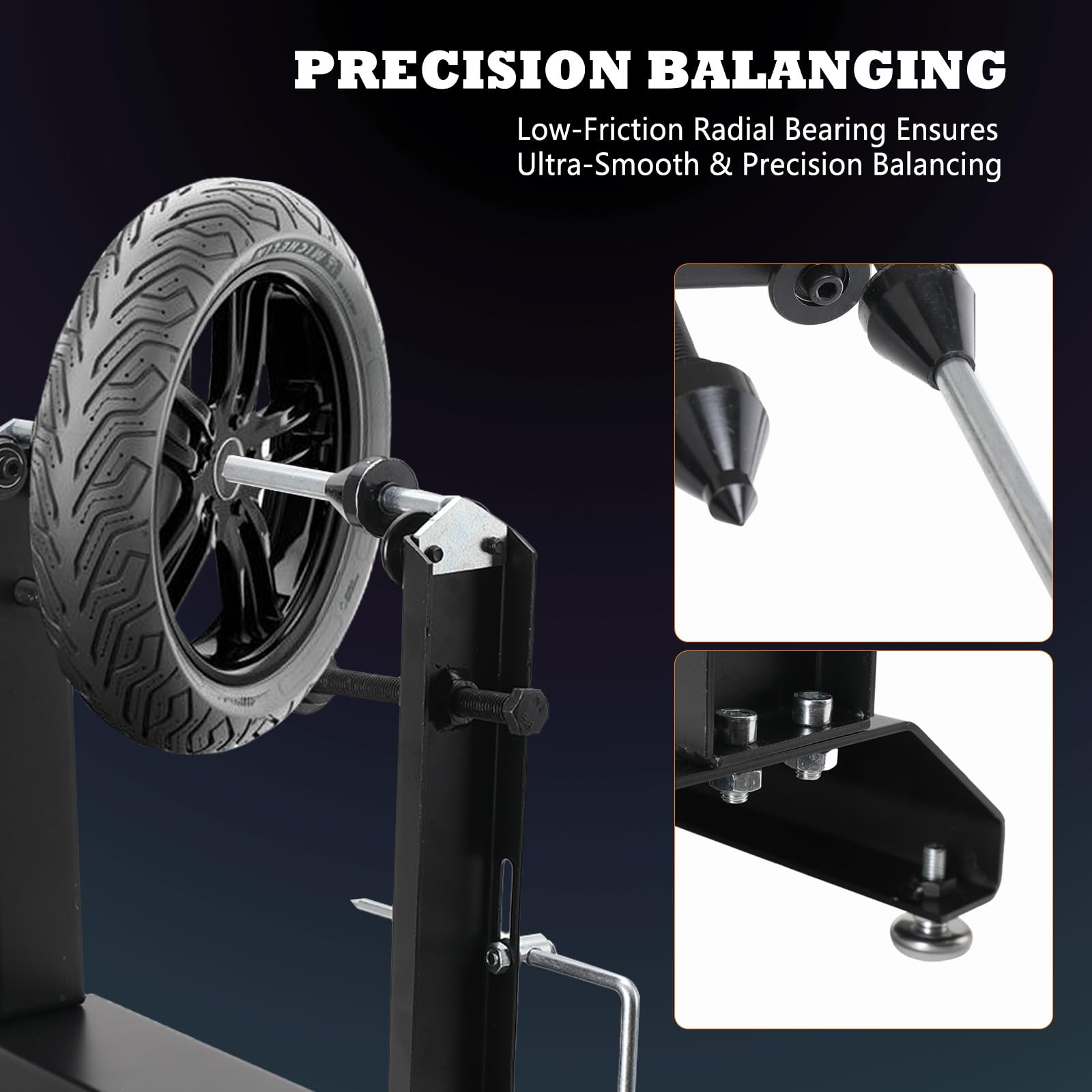 Equilibratore per Pneumatici Portatile per Moto e Bicicletta, Dispositivo di Equilibratura Statica con Base e Coni di Centraggio Regolabili