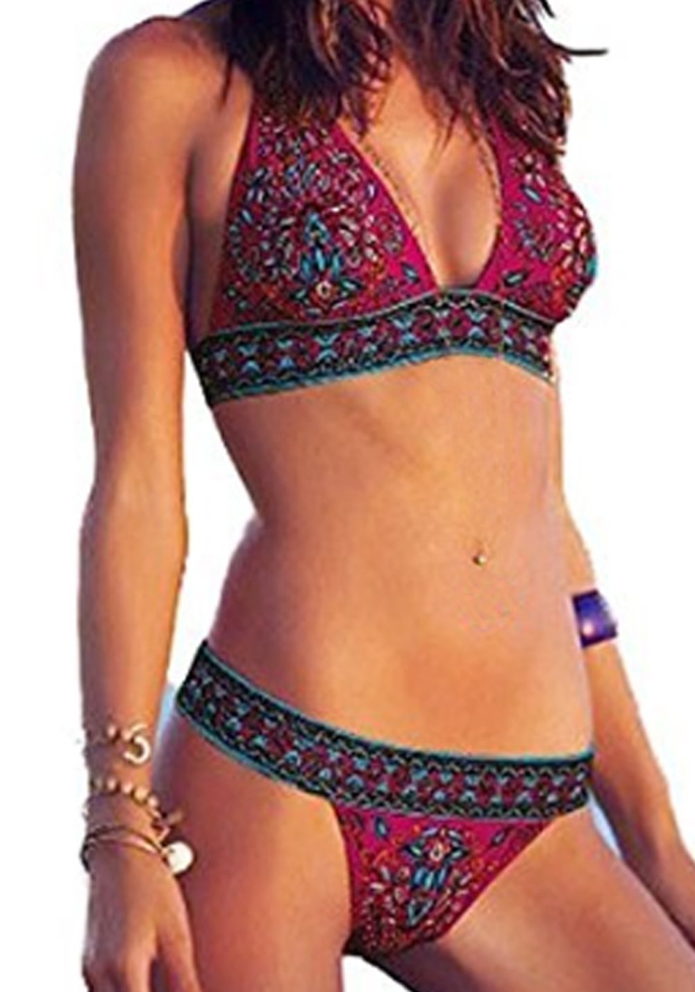 DATO Womens Vintage Printed Totem Push Up Bikini Set Halter Swimsuit Swimwear Bathing Suit 2 Pieces Red