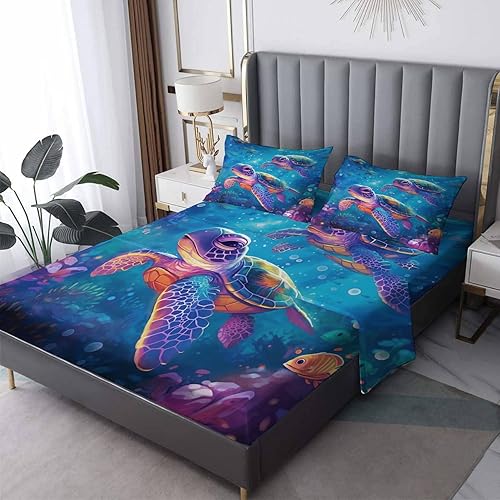 Juego de sábanas de tortuga marina tamaño California King, sábanas de animales submarinos, sábanas y fundas de almohada estampadas, juego de 4