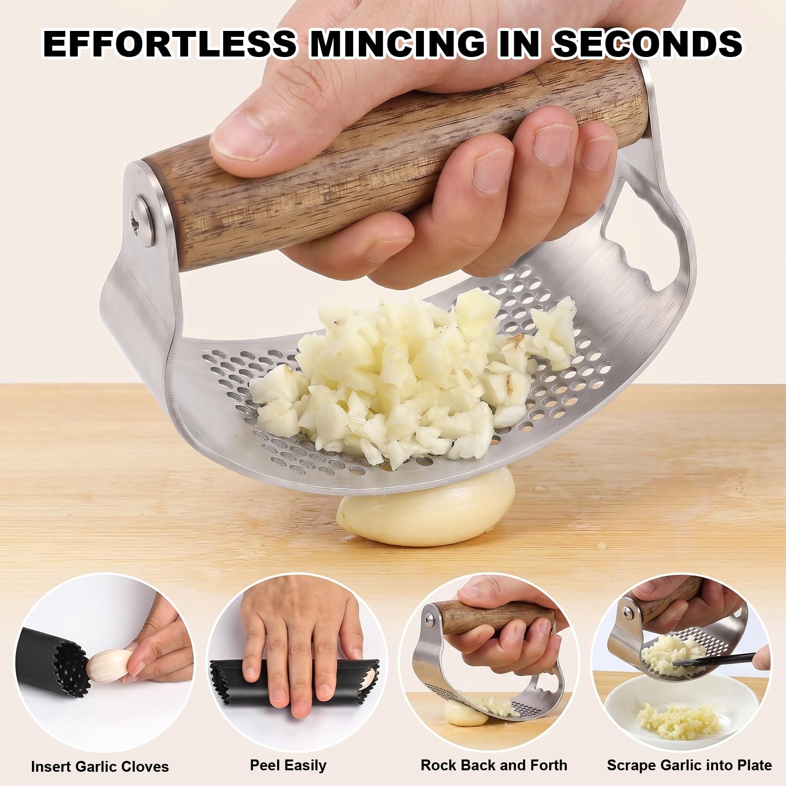 Prensa Ajos Acero Inoxidable con Mango de Madera Ergonómico, 2-en-1 Garlic Press & Abrebotellas, Incluye Pelador Silicona, Cepillo Limpieza, Machacador de Ajos para Picar Jengibre Fácilmente