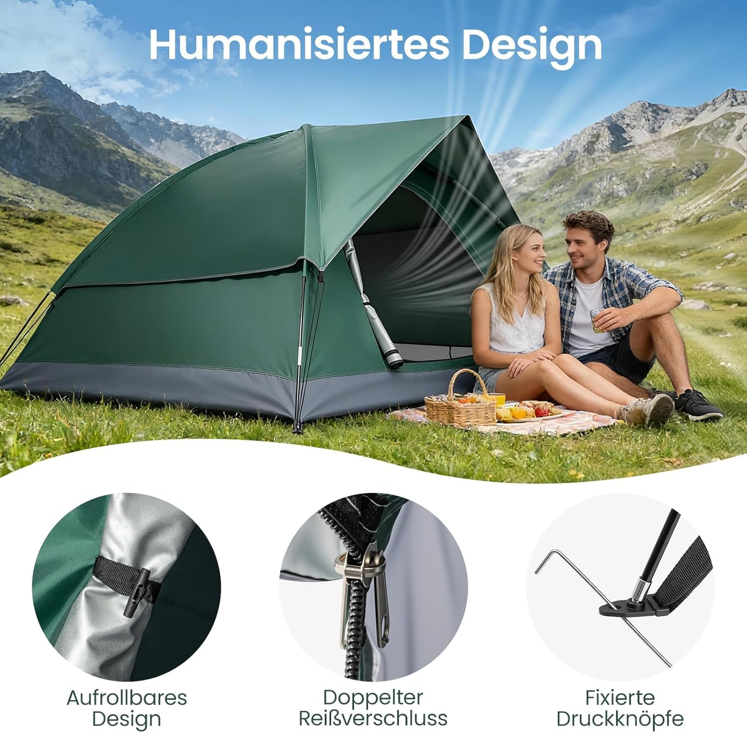 Kuppelzelt 2-3 Personen Camping Zelt Wasserdicht Winddicht Ultraleicht Trekkingzelt Schnellaufbau Outdoor Zelt mit Fiberglasstangen & Belüftung für Camping Wandern Festival