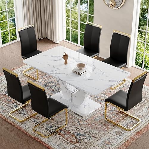 Miniatura 114 de JUFU Juego de mesa de comedor para 6 personas con sillas tapizadas de poliuretano, mesa y sillas de comedor de mármol sintético gris de 63 pulgadas,