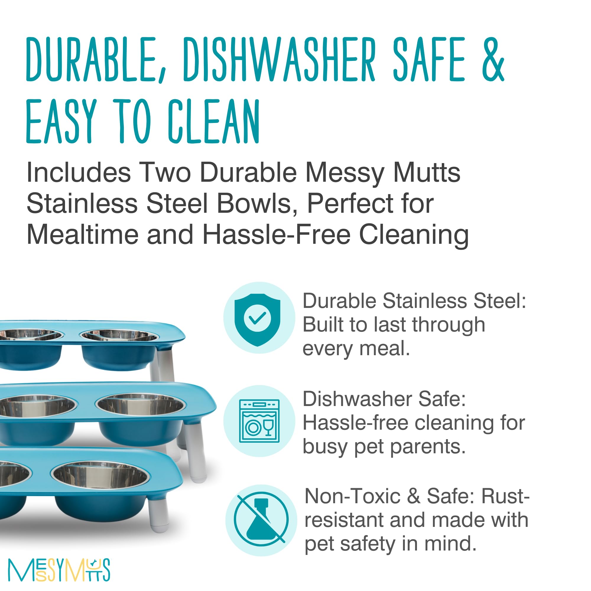 Messy Mutts - Comedero doble para perro con cuencos de acero inoxidable extraíbles y altura ajustable de las piernas, 40 onzas/5 tazas por tazón