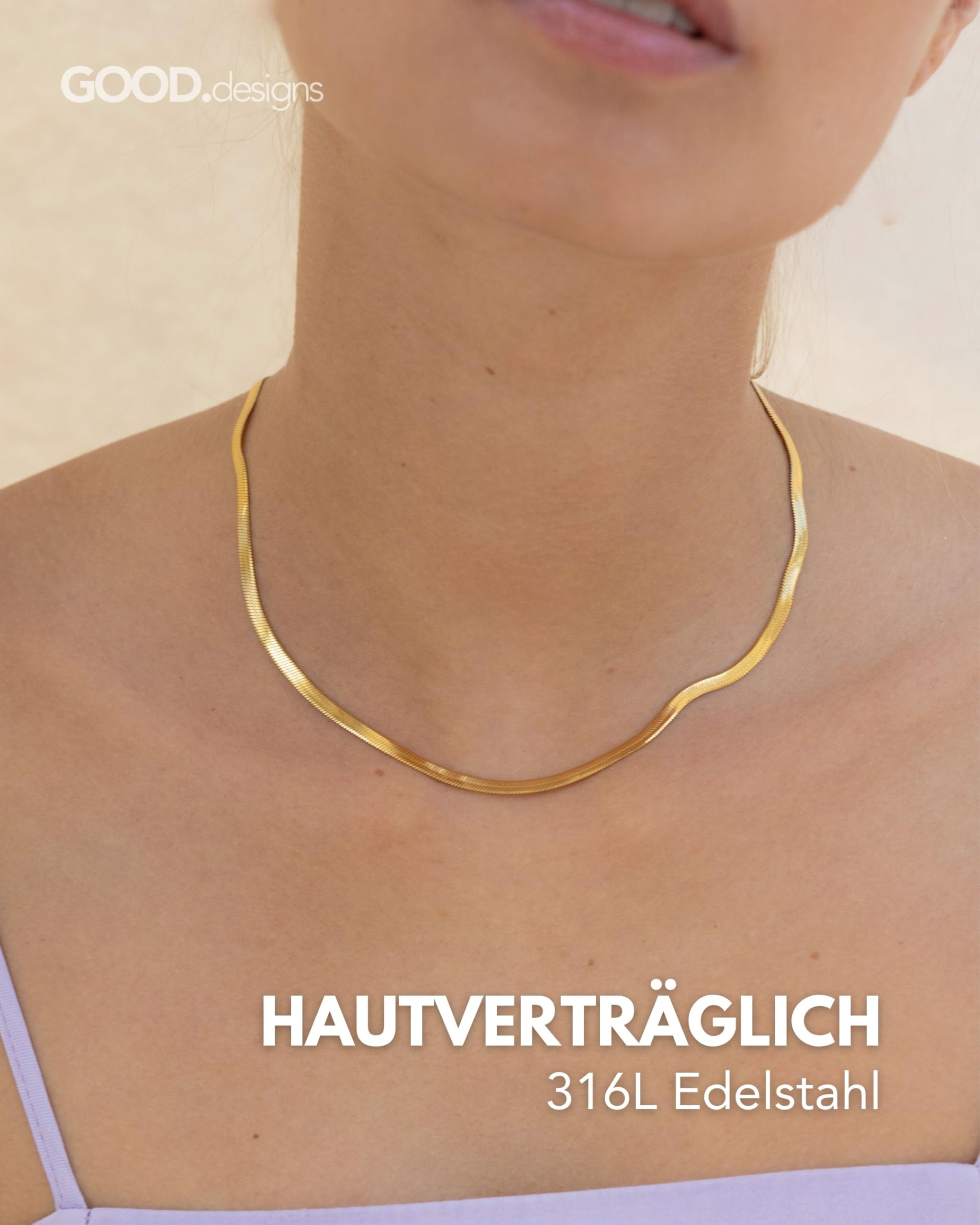 GD GOOD.designs Schlangenkette Damen - flache Halskette ohne Anhänger in Silber - Gold - Rosegold - Schwarz I Edelstahl Choker 3mm breit - Wasserfest