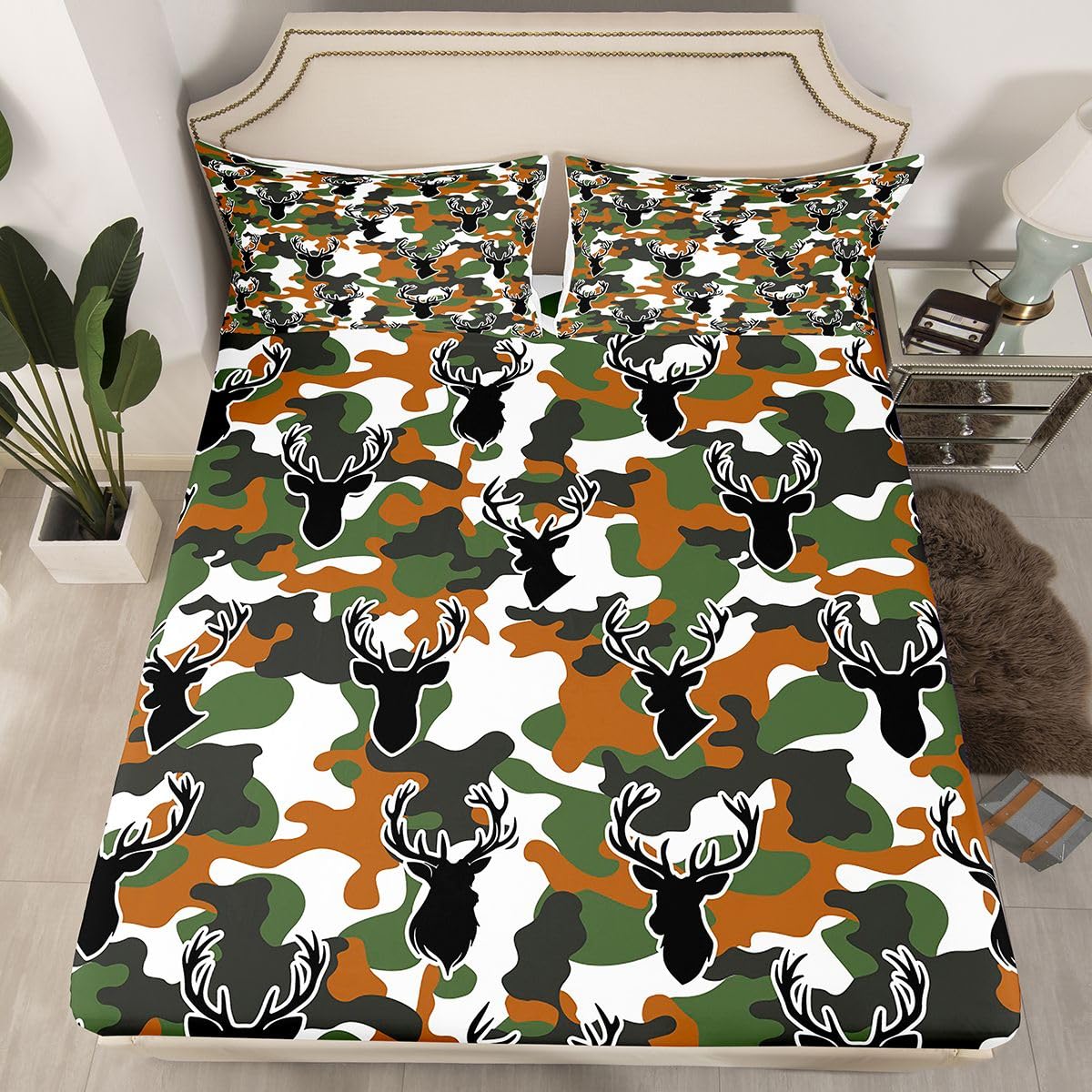 Loussiesd Mallard Deer Hunter Prześcieradło z 2 poszewkami na poduszki King Size Camo Deer Hunting zestaw pościeli 40 cm głęboka kieszeń chłopcy dziewczęta kamuflaż pościel zielony kamuflaż nastolatki