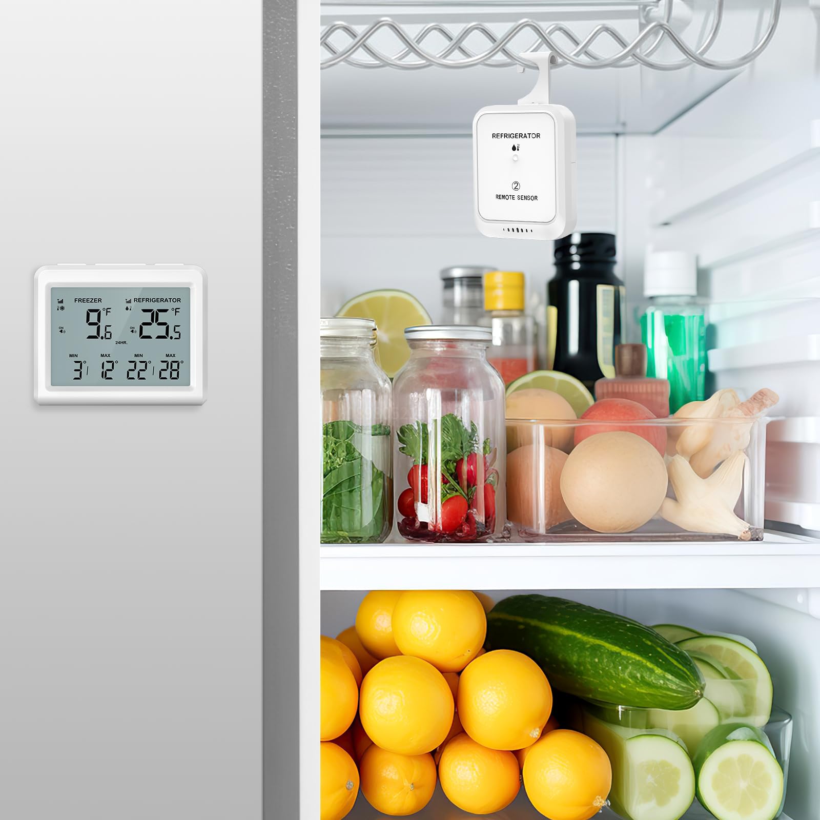 Termometro Frigo Termometro Congelatore con 2 Sensori, MIN/MAX, ℃/℉, Funzione Allarme, Allarme Congelatore, Termometro Frigorifero, Termometro Collegato per Casa, Cucina, Bar