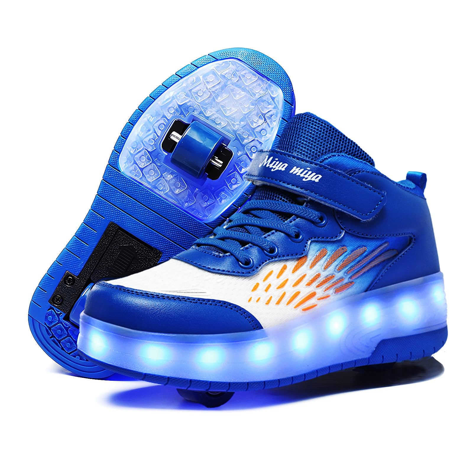 GIMKOUNN Roller Shoes for Girls & Boys - LED Lights, USB Charge, Beginner Trainers, Comfortable Skates - Size 1 Little Kid, Blue