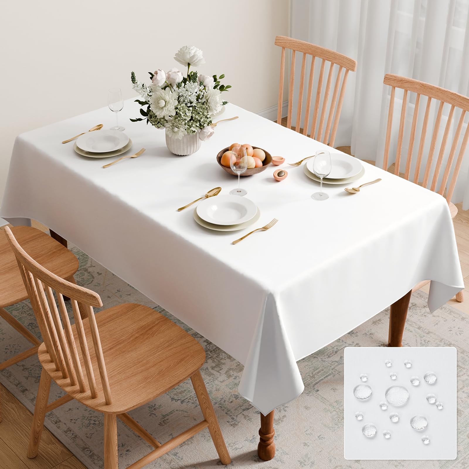 GFCC White Table Cloth 150x300cm (59x118 Inch), Extra Large Rectangular Wipeable Polyester Tablecloth, Stain & Waterproof Dining Table Cover for Indoor Outdoor Home Garden Camping Party Banquet