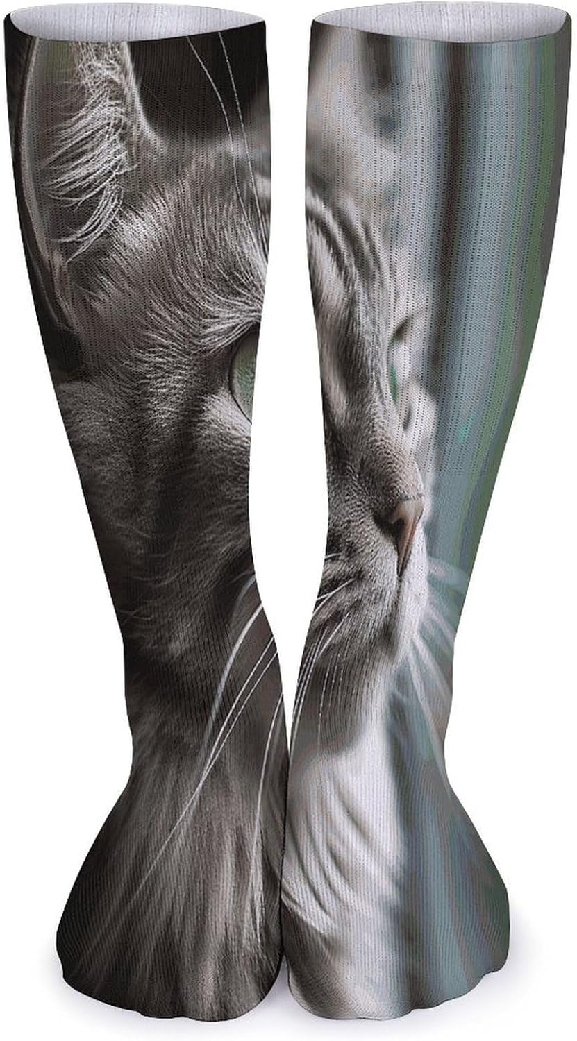 Gray Cat with Green Eyes Stocking - Cute Casual Long Athletic,Crew Sock for Men Women,Running Socks Soft Breathable for Gift