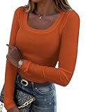 Women's Long Sleeve Scoop Neck Shirts Casual Slim Fit Rib Knit Tops Summer Fall Basic Business Work Tee