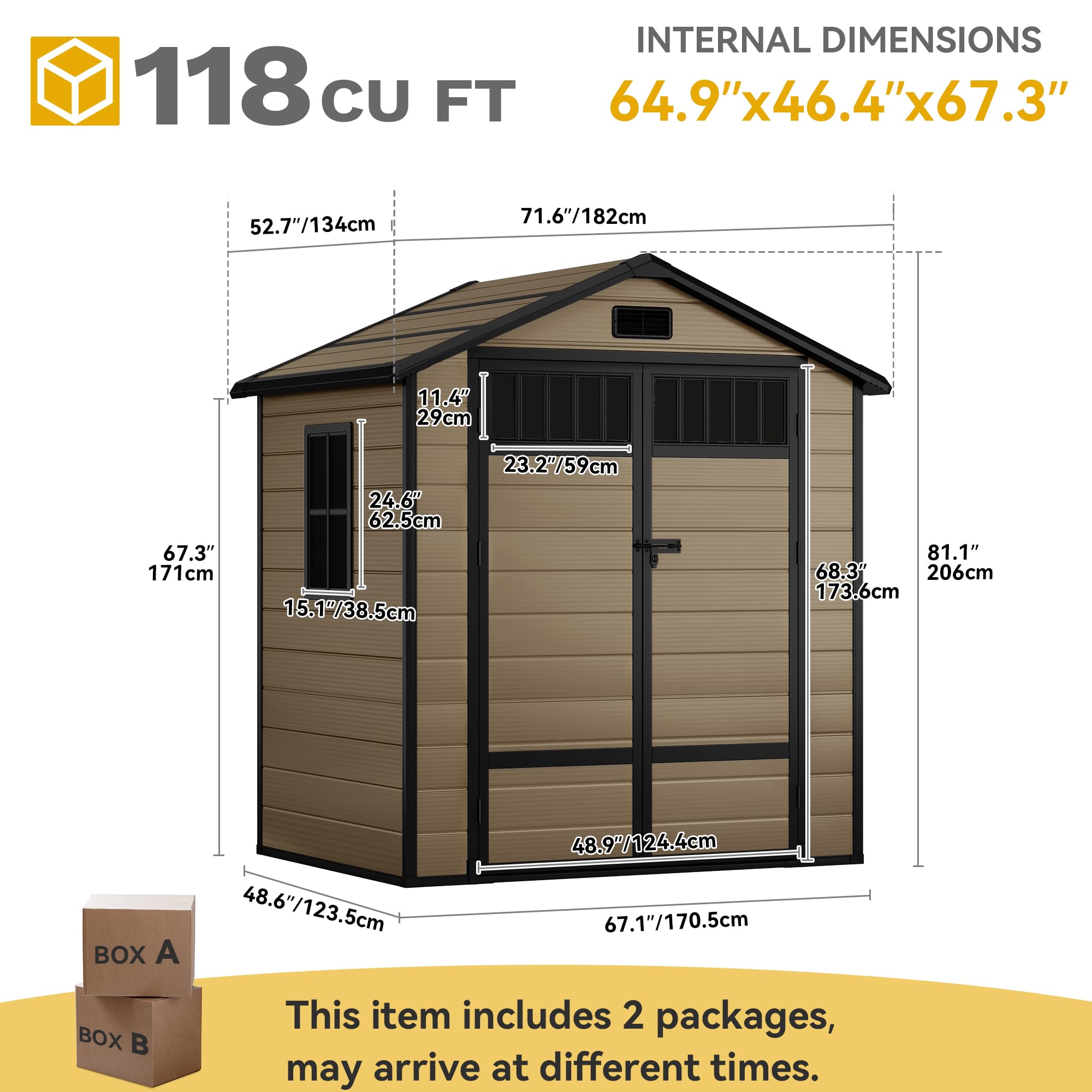 YITAHOME Gerätehaus Kunststoff 182x134x210cm,Gartenhaus Doppeltuer,Braun | Gartenschuppen Fahrradgarage Gartenhütte Werkzeugschuppen Gartenmöbel Unterstand Rasenmäher Unterstellplatz|Abschliessbar